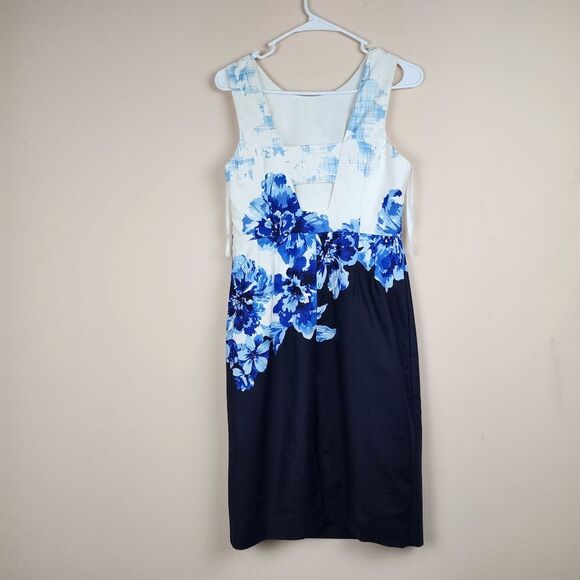 Anthropologie Maeve Sheath Floral Dress Blue Off White Navy Cotton Stretch 6P - Picture 3 of 13